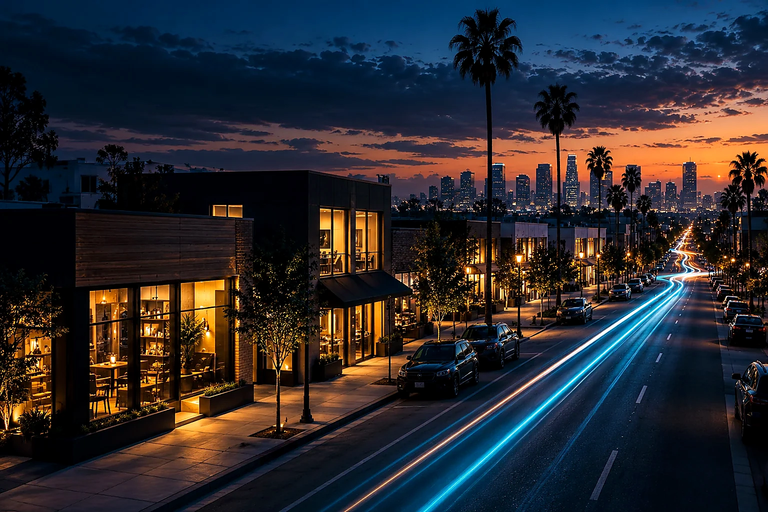 Cinematic city street with glowing blue traffic trails leading toward a downtown skyline at dusk